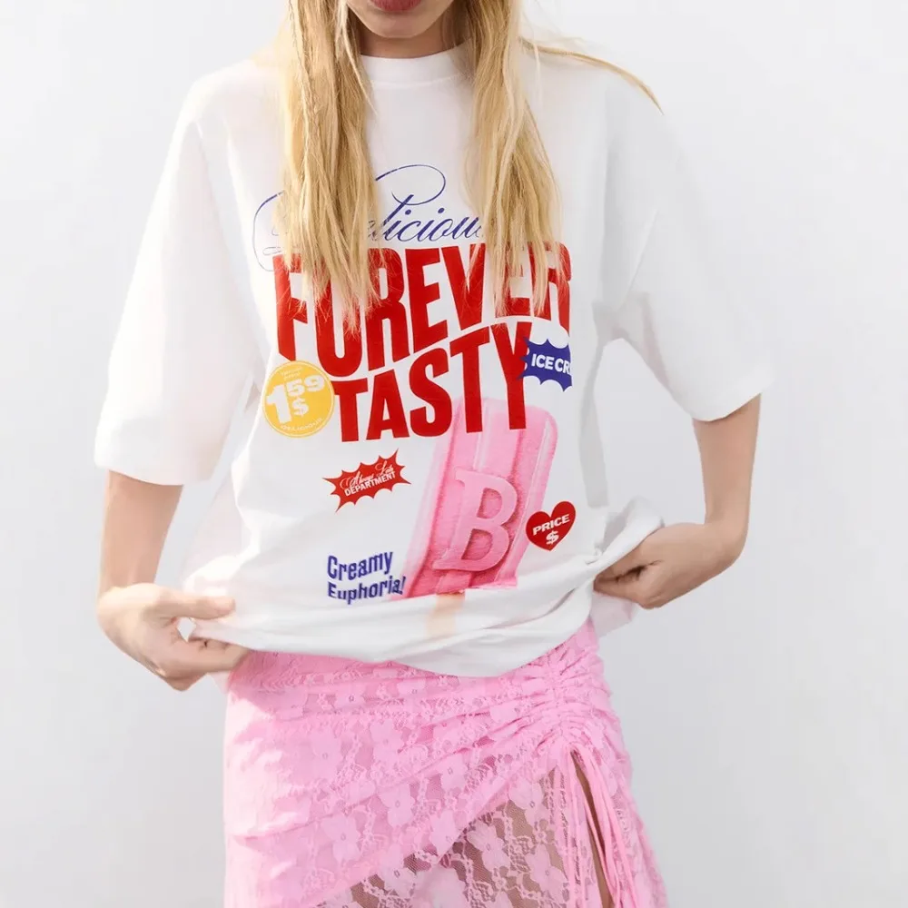INS Aesthetic Graphic Tee Lovely Pink Ice Lolly Print Sweet T-shirts 100% Cotton Summer Comfortable Loose Casual Girls Junior