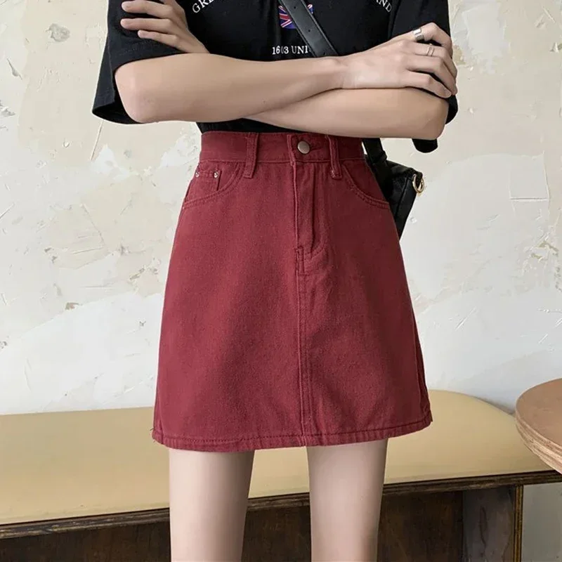 Frauen Neue Hohe Taille Kawaii Röcke Jeans Mädchen Vintage Wrap Hüften Denim Kleid Weibliche Harajuku Claret Rose Rot Schwarz EINE Linie Röcke