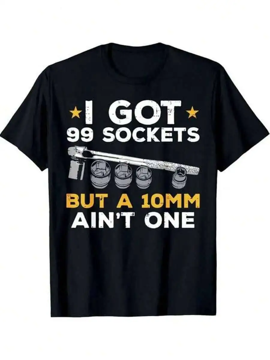 1Pc Men's Humorous "I Got 99 Sockets" Graphic T-Shirt - 100% Cotton Casual Short Sleeve Tee With Car Mechanic Design, Round 100% Cotton Trendy Y2K Short-Sleeve Tee-Soft, Quick-Drying, Moisture-Wicking, Great Gift for Christmas or Halloween.
