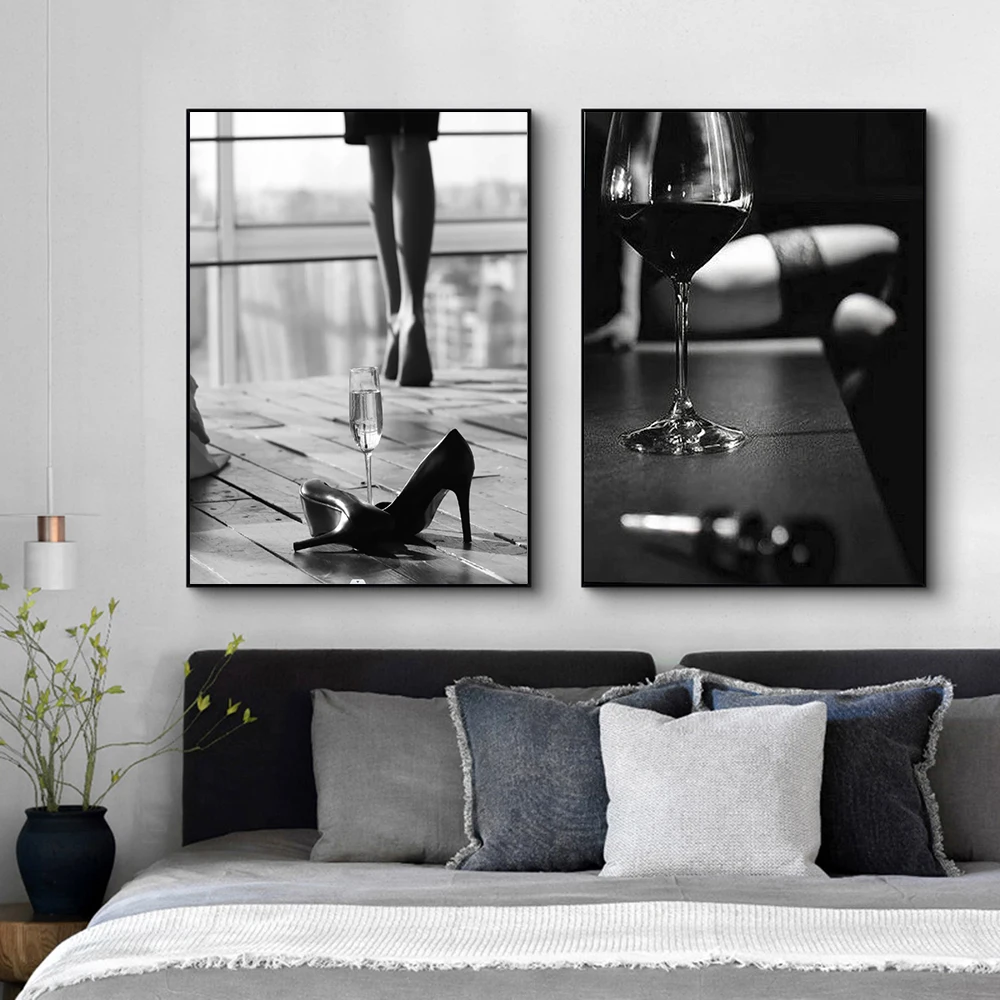 

Black White Sexy Beauty Legs Stockings Posters Prints Wine Glass High Heels Canvas Painting Wall Art for Living Room Home Decor