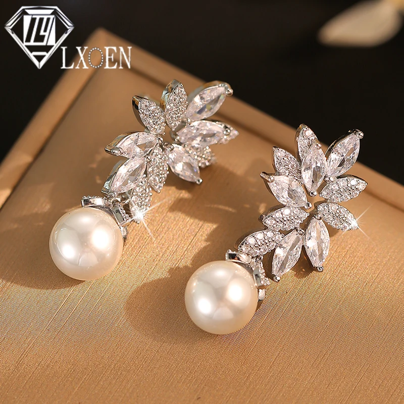 LXOEN Sterling Pearl Jewelry Classic Texture Cubic Zirconia CZ Drop Earrings for Women Anniversary Birthday Idea Gift Серьги