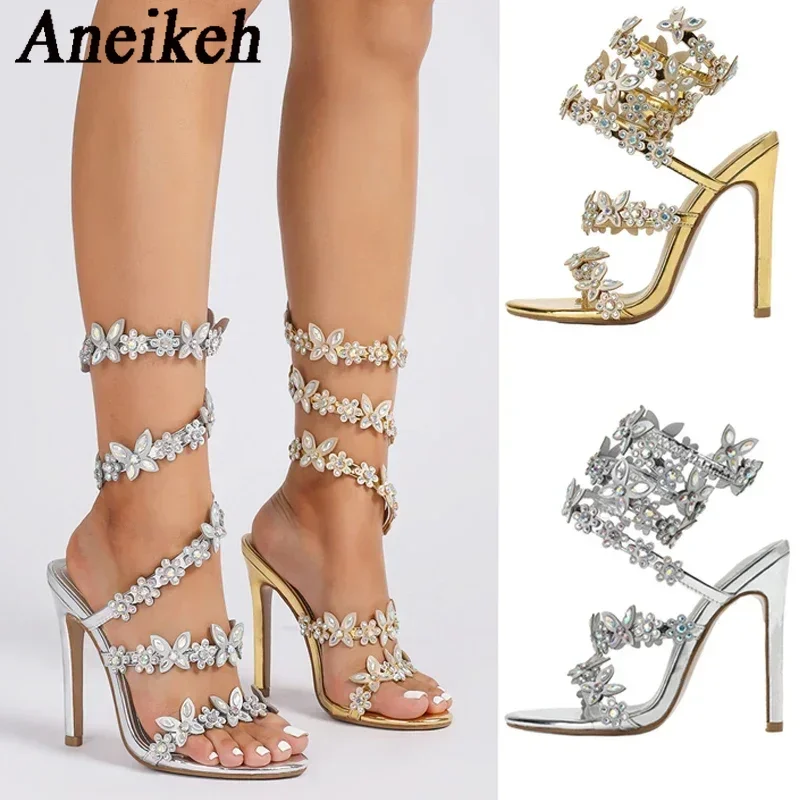 Aneikeh Summer Designer Peep Toe Butterfly-knot Crystal Sandals Sexy Thin Heel Wedding  Back Strap Party Shoes Zapatos Mujer