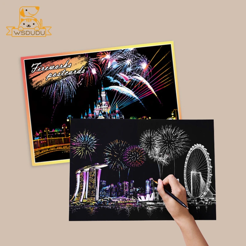 8PCS Scratch Cards Cherry Blossoms Fireworks Magic Painting Paper Art Night Scene Postcard Play Game Drawing Toy Kid Crafts Gift