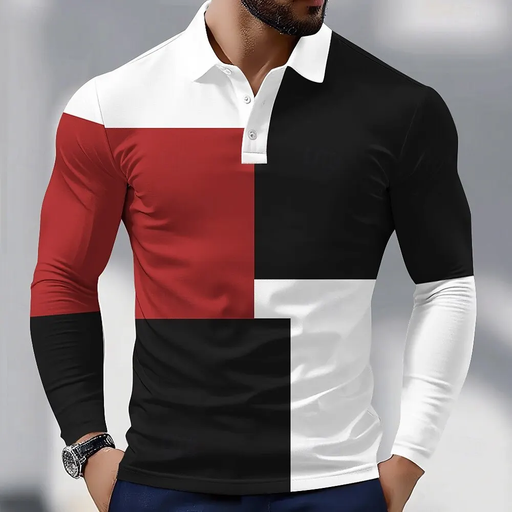 

Fashion Patchwork Graphic Men's Polo Shirts 3D Print Color Block Pattern Long Sleeve Pullover Autumn Winter Casual Lapel Clothes
