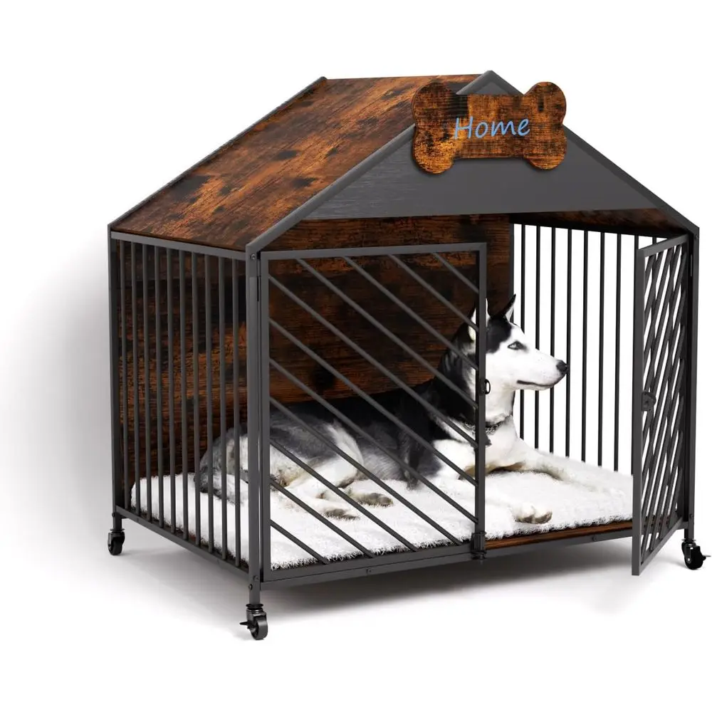 

Furniture-Style Dog Crate with Gable Roof Design, Double Locking Doors Indoor Kennel for Small & Medium Dogs, Chew-Proof Escape-