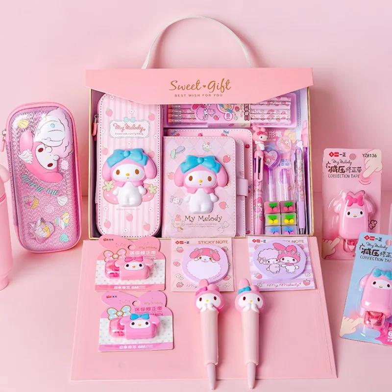 

Sanrio Stationery Set Gift Box Cute My Melody Hello Kitty Pencil Case Gel Pen Memo Pad Eraser Notebook Girl School Supplies gift