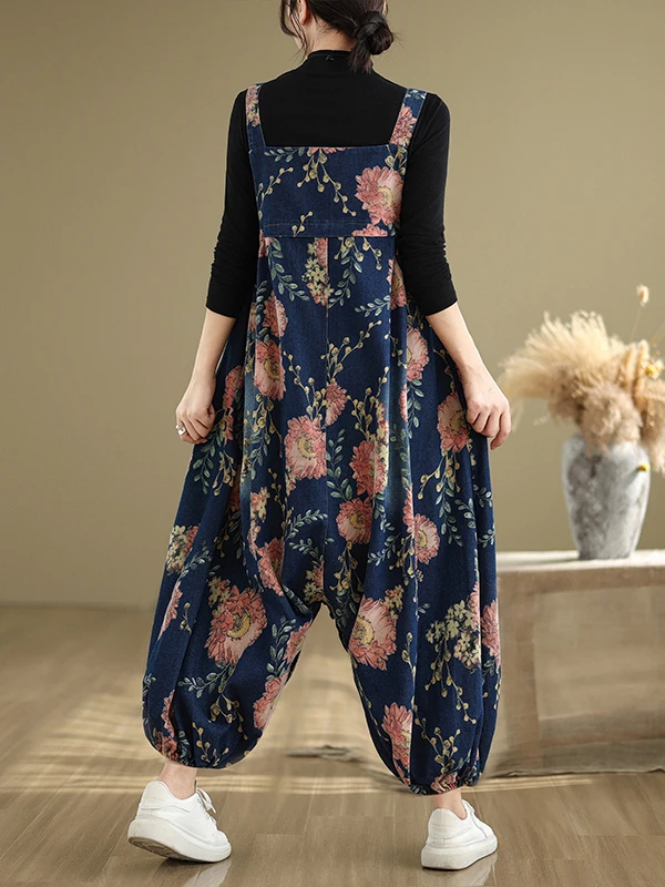 カジュアルなゆったりとした女性用デニムオーバーオール、ランタンパンツ、ハイウエスト、ストレートレッグ、コットン、カジュアル、プラスサイズ、女性用ファッション