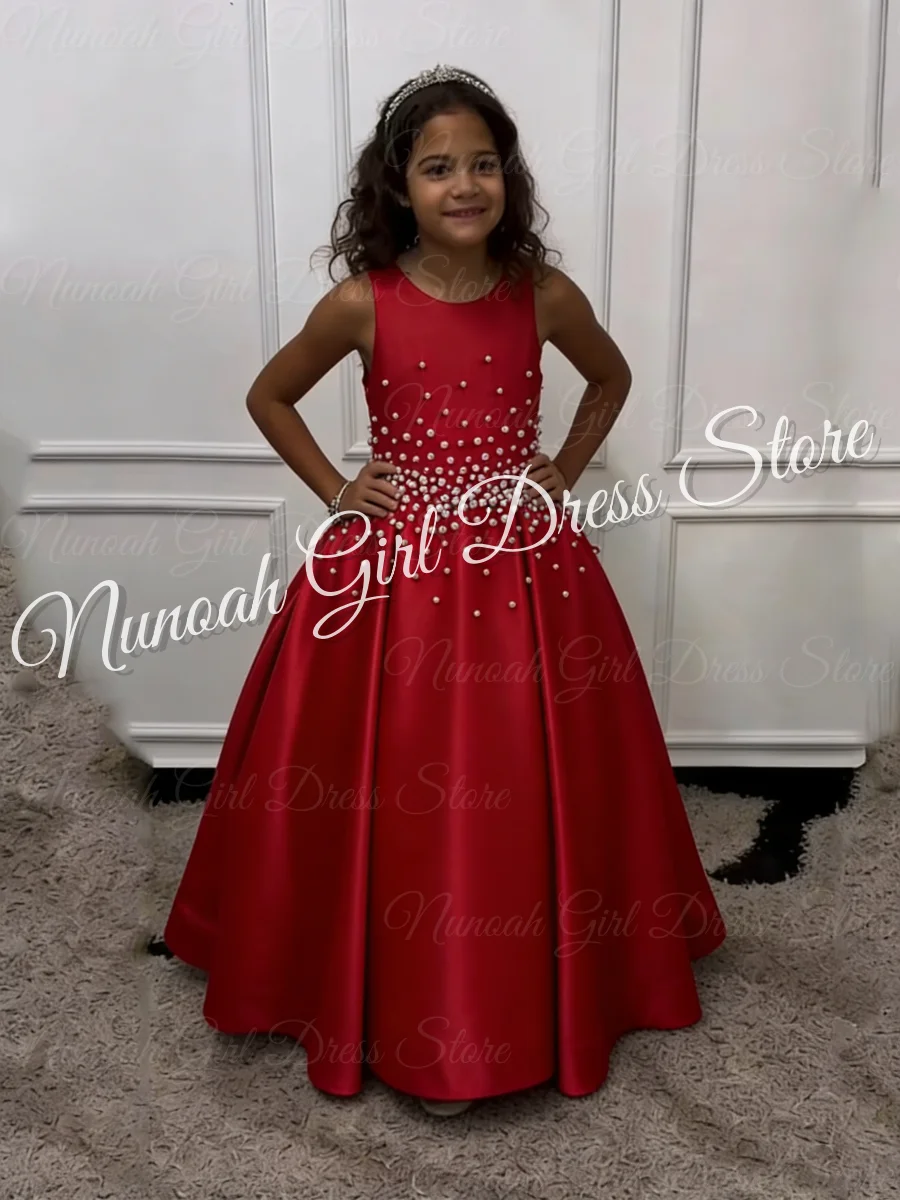 

Red Satin Flower Girl Dresses for Wedding With Bow Pearl Sleeveless Girl Birthday Party Gowns First Communion Gowns Customized
