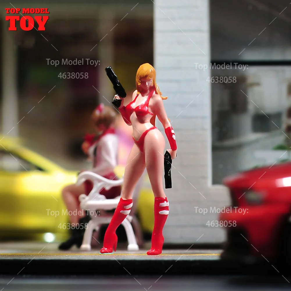 Painted Miniatures 1/64 1/43 1/87 Bikini Beauty Killer with Gun Female Scene Figure Doll Unpainted Model For Car Vehicles