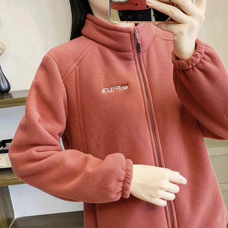 Women's Plush Velvet Thickened Sweatshirt Fleece Spring Autumn Outdoor Jacket Casual Warm Standing Collar Inner Lid
