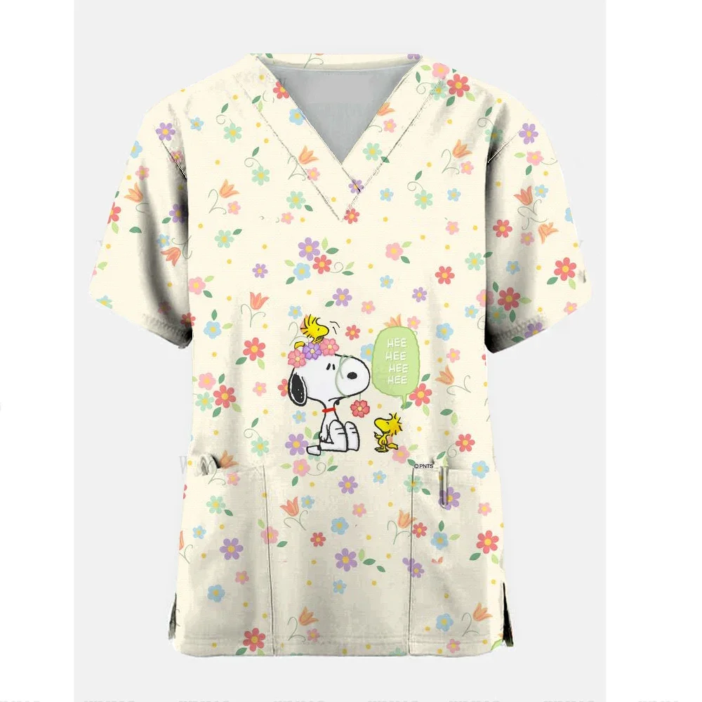 Snoopy Tshirt Cartoon Women Uniform Print Pocket Blouse Short Sleeve Womene Vneck Tops Nurse Uniform Shop Workwear Heathcare ﻿