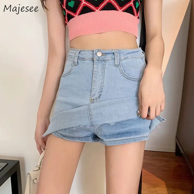 Pantalones cortos de mezclilla para mujer, bolsillos lisos con botones, ropa de calle que combina con todo, Harajuku, nueva cintura alta, dulce moda, estilo coreano Simple