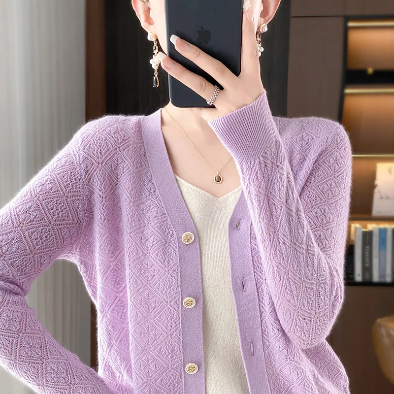 

Fashion 100% Wool Knitted Cardigan Women Spring /Summer Hollow Out Solid Sweater V-neck Long Sleeve Elegant Lady Outwear clothes