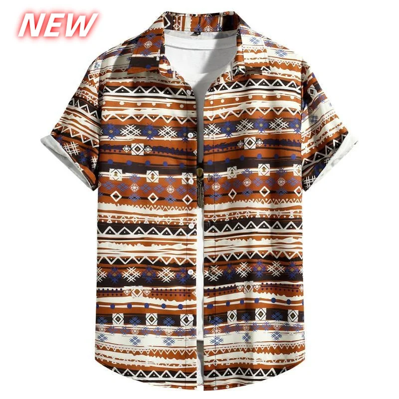 

Retro Ethnic Pattern Hawaiian Shirt For Men Geometric Stripes 3D Print Aloha Shirts Summer Casual Short Sleeve Blouse Lapel Tops