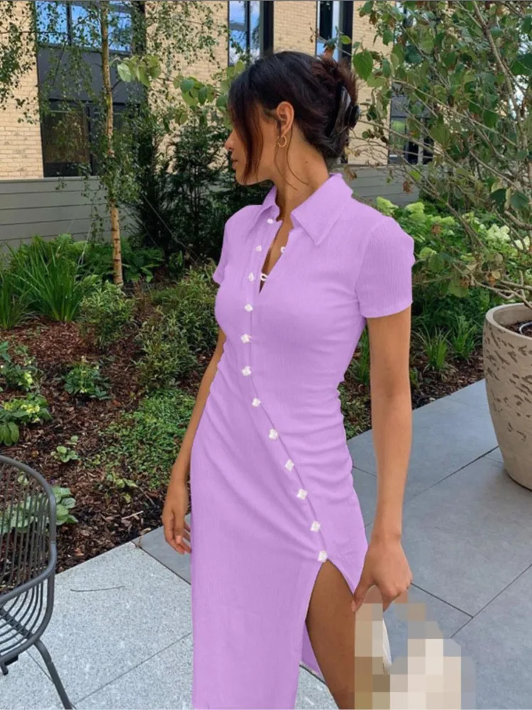 Spring Summer Women's New Solid Color Medium Long Dress Shirt Collar Button Slanted Slit Sexy Casual Comfortable Dress