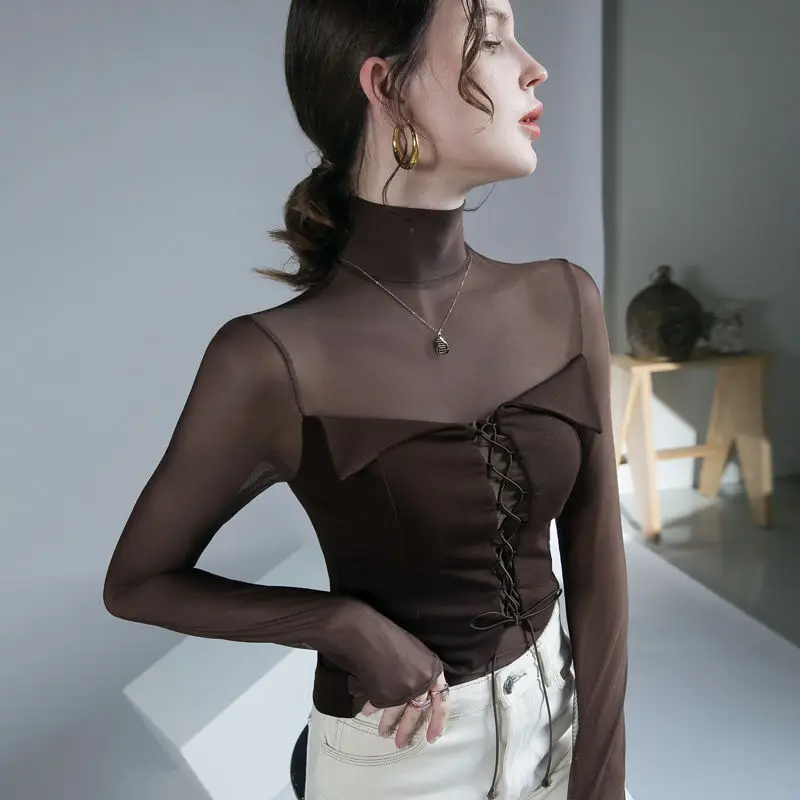 Spring Autumn Fashion High Collar Women\'s Clothing Leisure Versatile Slim Fit Patchwork Korean Style Tees Female Clothes Tops