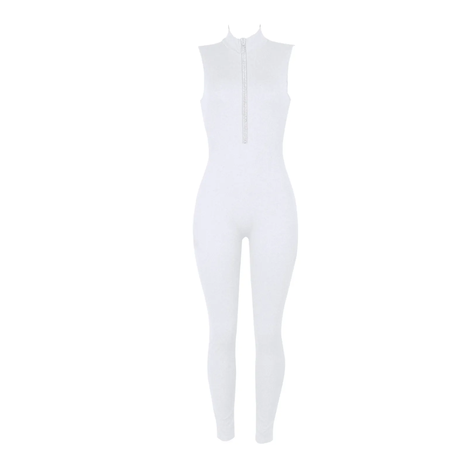 Women's Sexy Slim Fitting Solid Color Diamond Chain Sleeveless Jumpsuit High Neck Casual Fitness All In One Rompers Clothing