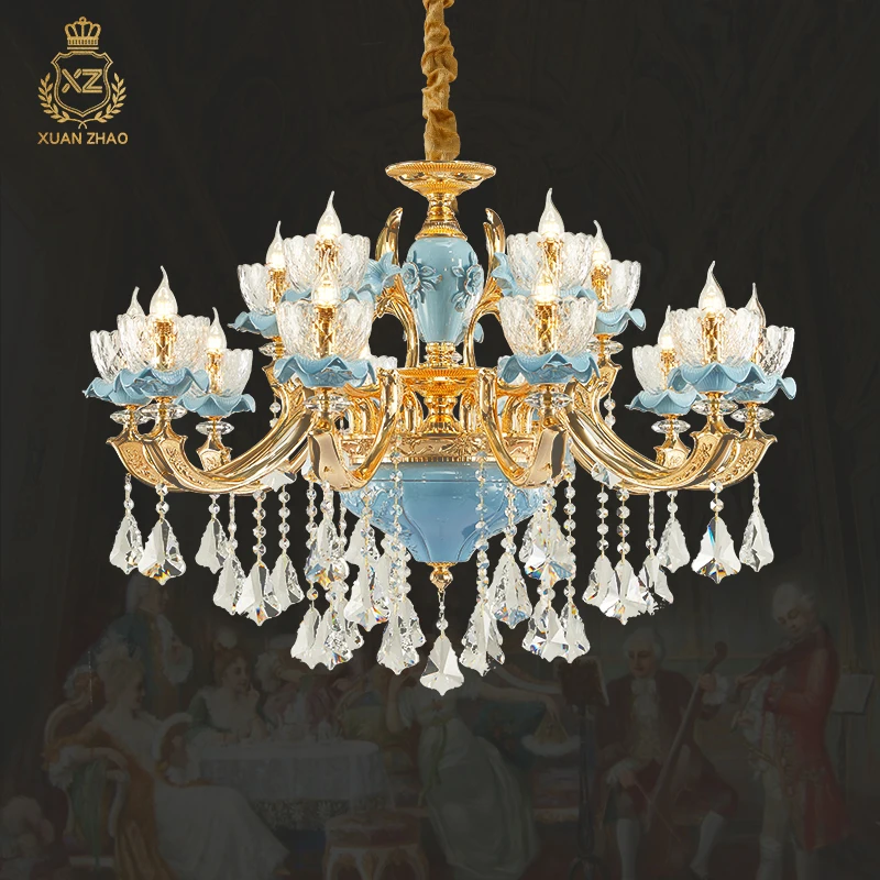 

Blue Ceramic Crystal - Adorned European Pendant Lamp, For French Villa Living Room & Restaurant