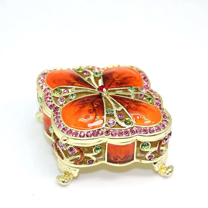 SHINNYGIFTS Four-leaf Clover Trinket Box, Hinged Enamel Hand Painted Mini Jewelry Box  for Ring Earrings Organizer Home Decor