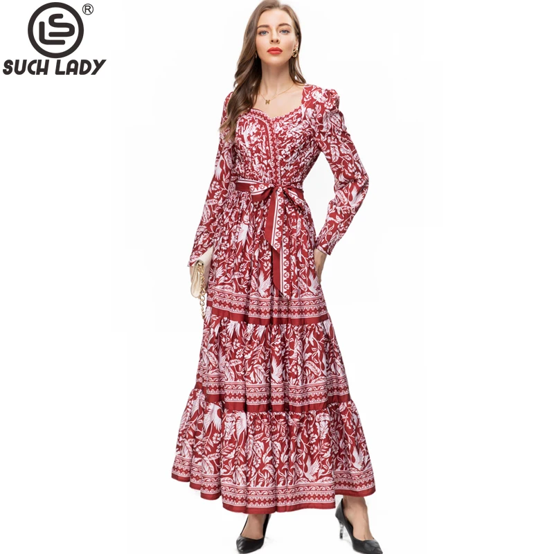 

Women's Runway Dresses Sweetheart Long Sleeves Printed Lace Up Fashion High Street Designer Casual Vestidos