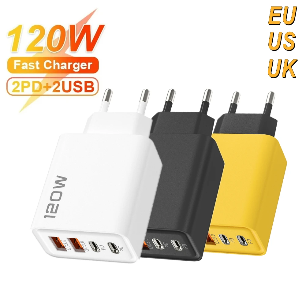 Cargador USB de 120W, carga rápida 3,0 tipo C PD, adaptador de teléfono móvil de pared de carga rápida para iPhone 15, Samsung, Xiaomi, enchufe UE/EE. UU./Reino Unido