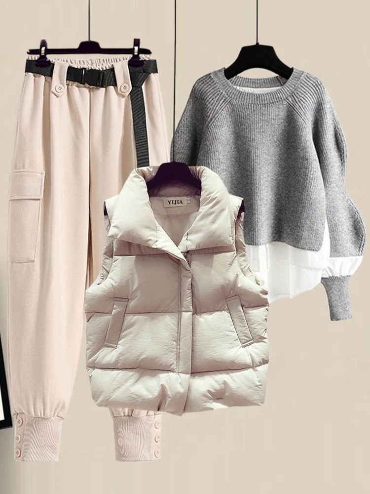 패셔너블 여성용 루즈핏 브레드 슬레 코튼 베스트 스웨터 팬츠 티 세트 가을 겨울 편안하고 통기성 좋은 캐주얼 웨어