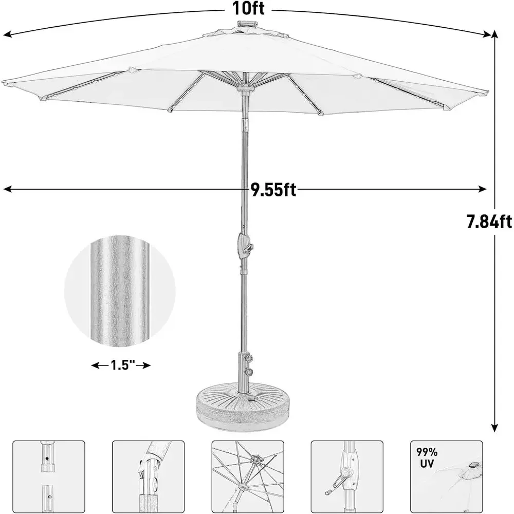 10ft Patio Umbrella with LED Lights, Striped Base for Outdoor, Garden, Pool, Deck, Coffee Areas