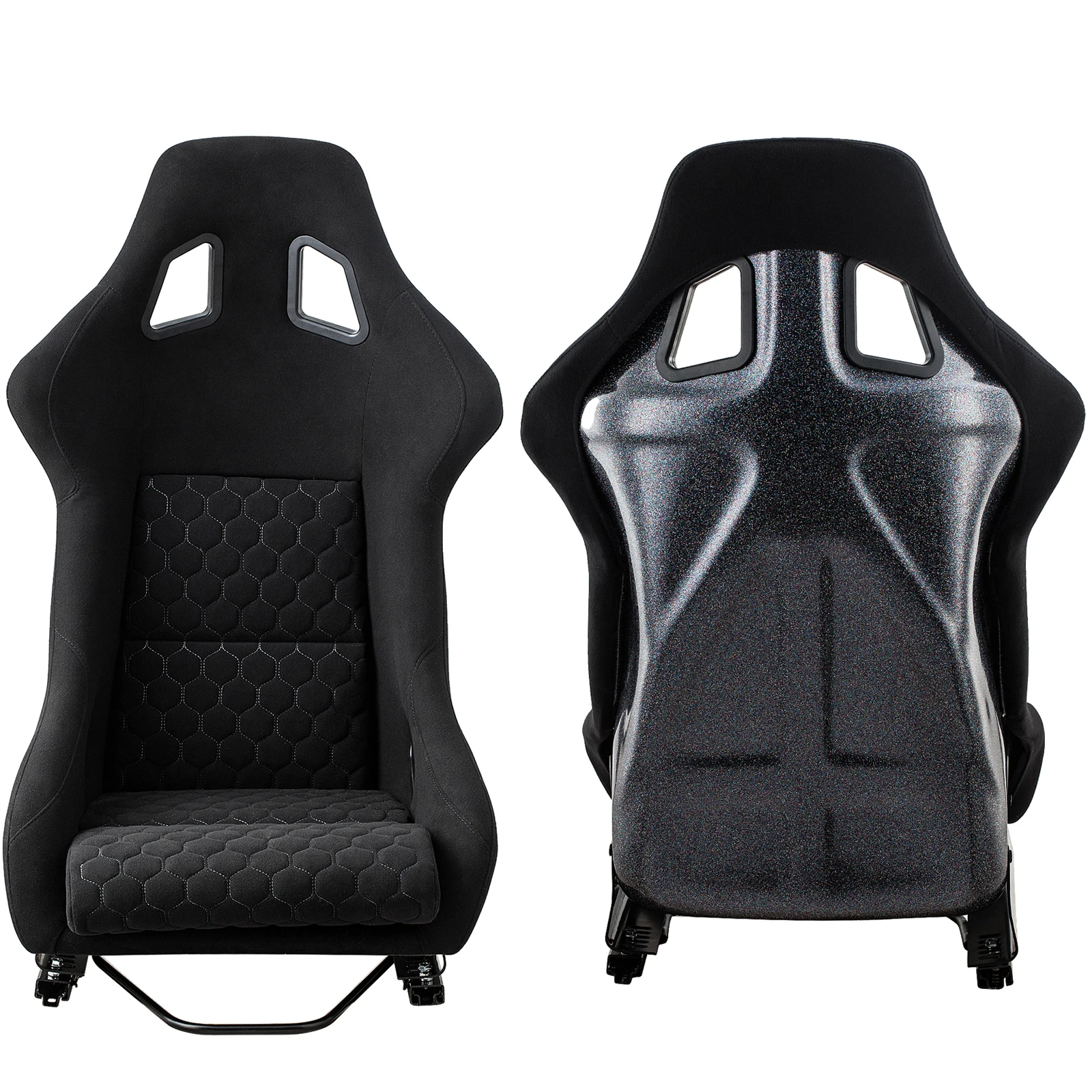 Size L Piece of Universal Fiber Glass Racing Bucket Seat, Black Fabric White Diamond Stitch w/Dual Lock slider And L Shape Brack