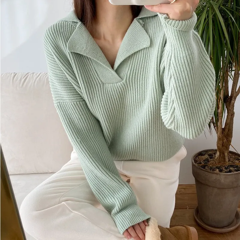 2024 New Sweater Women's Autumn Half-open V-lapel Pullover Solid Color Korean Long-sleeved Loose