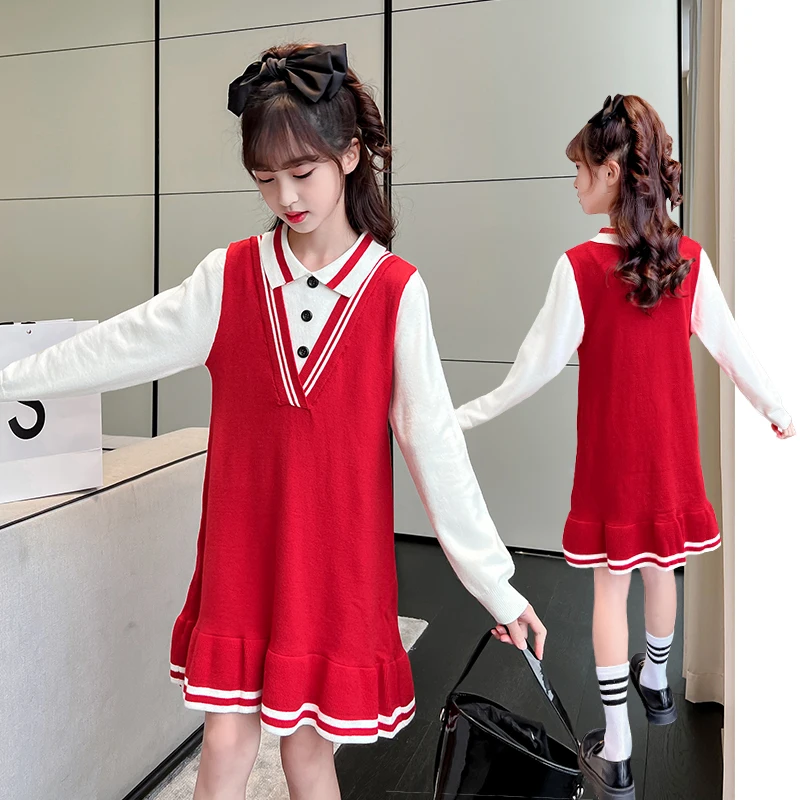 

Корейское винтажное вязаное платье-свитер в стиле преппи для девочек-подростков, повседневный весенний наряд, детское школьное трикотажное платье