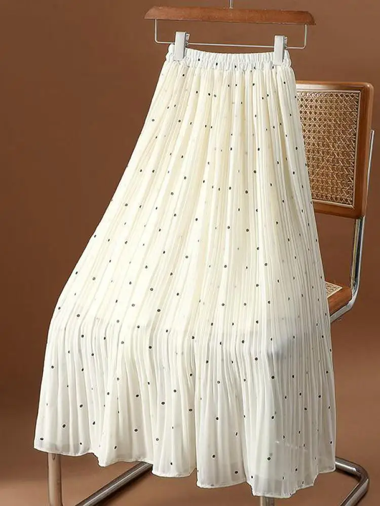 

Dot Pleated Skirts Women Summer Midi Office Womens High Street Elastic Waist Long Skirt Femme Vintage New