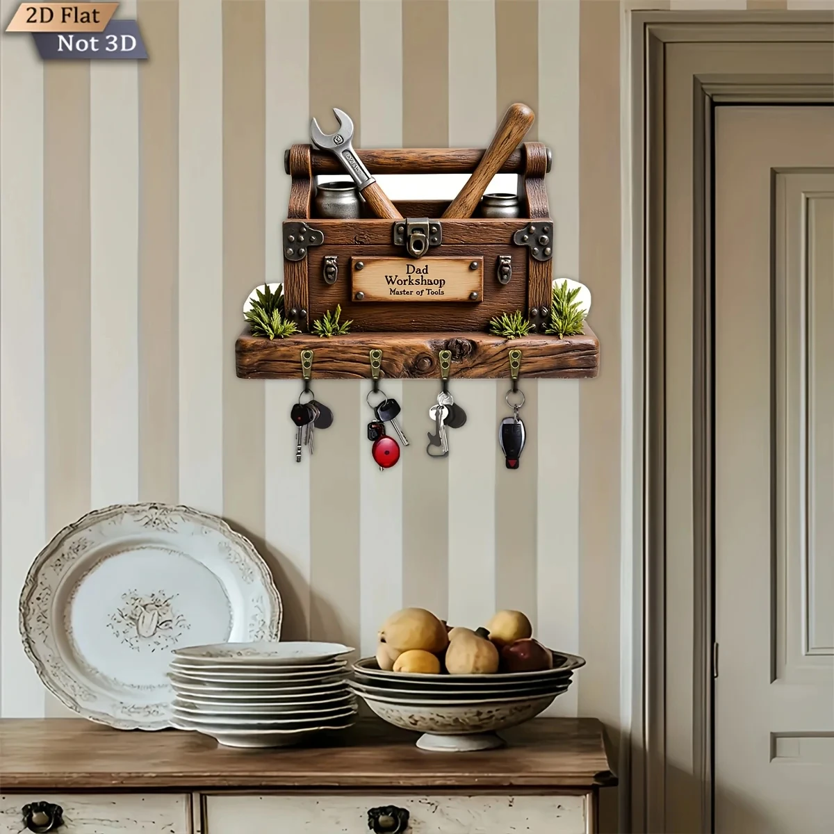 2D Flat, 1pc, Tool Workshop Theme Style Key Hook Wooden Multifunctional Home Key Rack, with Four Metal Hooks, Wall Decoration,