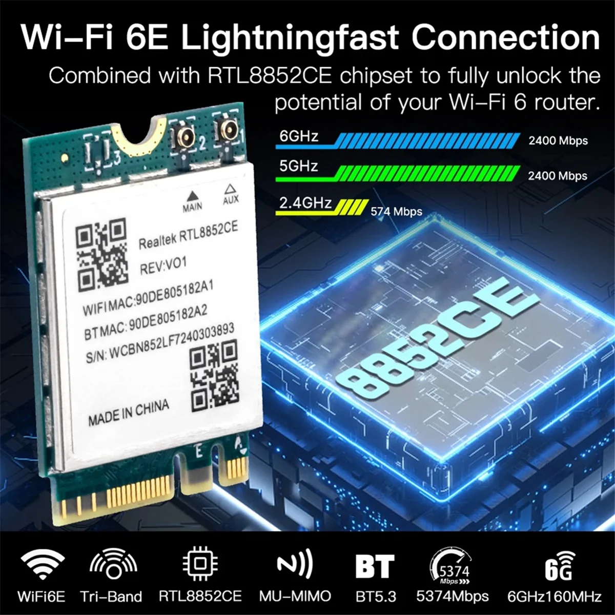بطاقة شبكة جديدة 3C-WiFi 6E RTL8852CE M.2 5400Mbps 802.11AX BT 5.3 محول لاسلكي ثلاثي الموجات 2.4/5/6 جيجا هرتز لـ 10/11