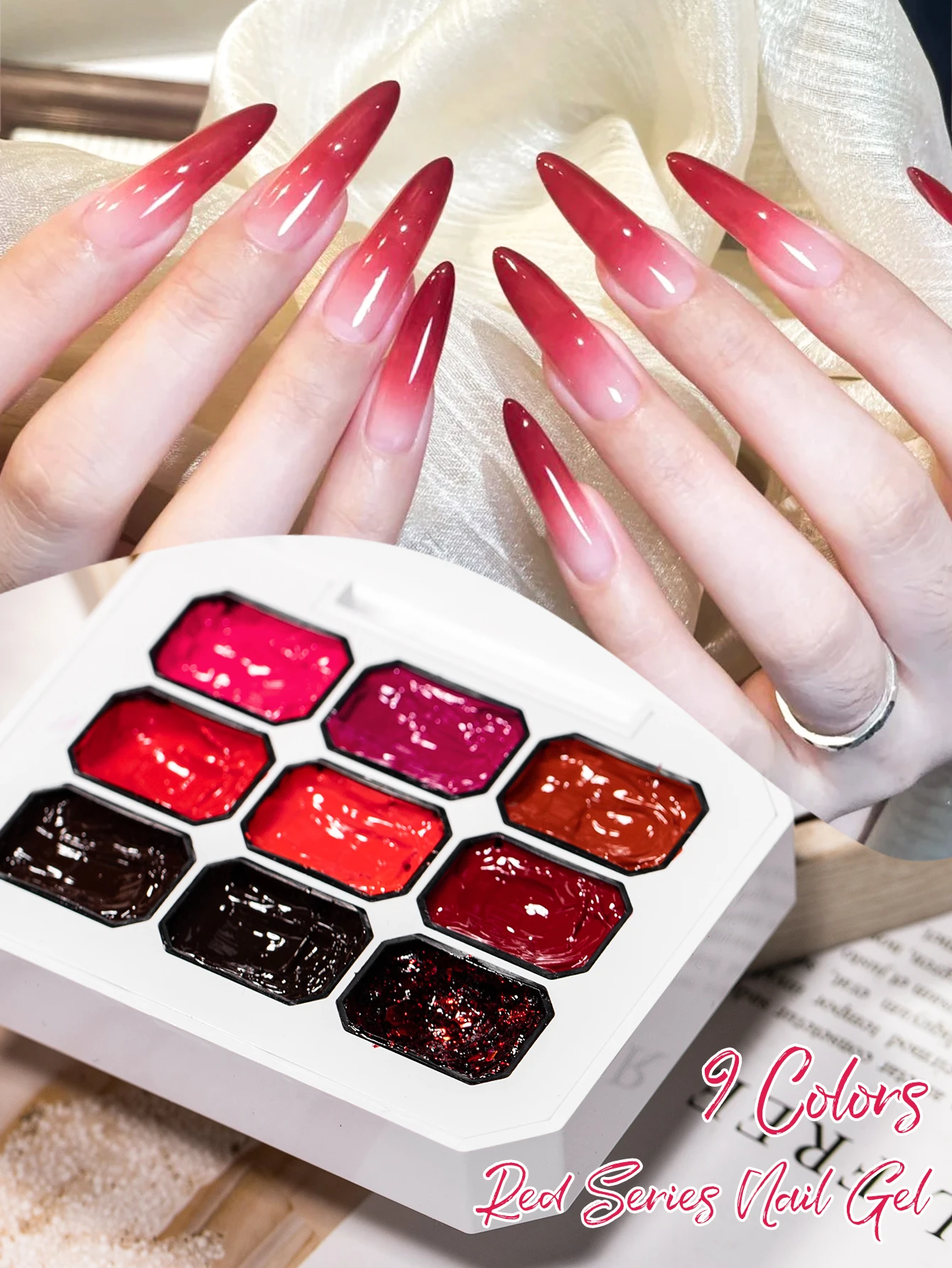MTSSII 9-Grid Berry Red Solid-state Gel Cherry Red Nine-Grid Dazzling Patting Glitter Gel Nail Art Home Salon Manicure Design