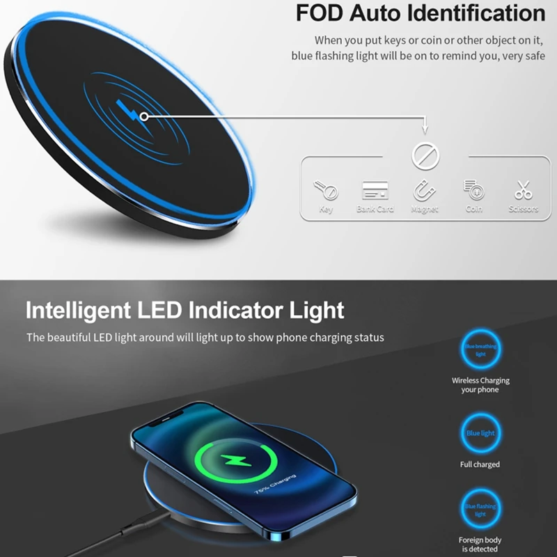 15W Wireless Fast Charger Pad For I Phone 13 12 11 X /Android /TWS Headphones Type C Fast Charging Station