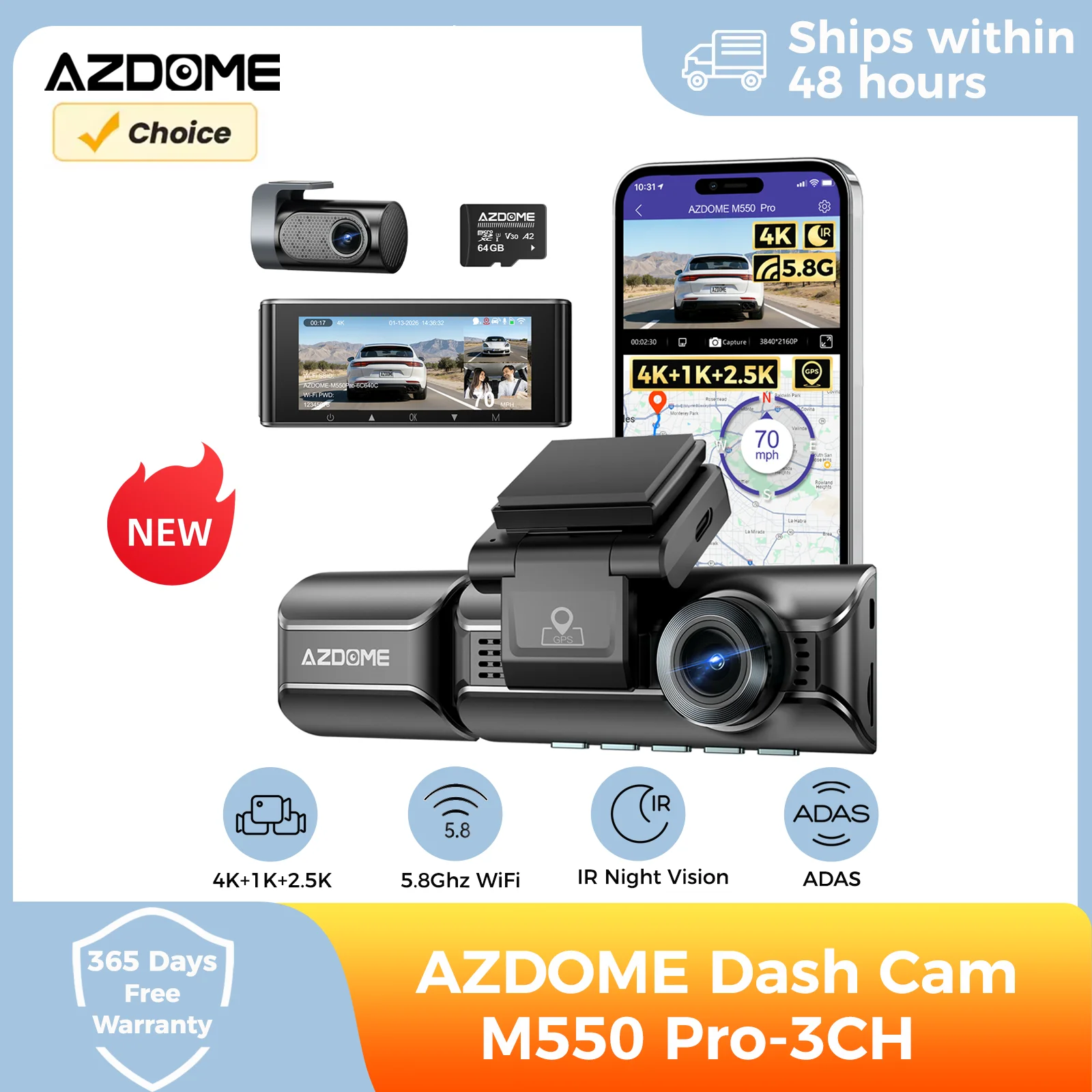 AZDOME M550 Pro 3-Channel Dash Cam 4K+1K+2.5K Car Camera Voice Control Built-in 5.8Ghz WiFi GPS ADAS IR Night Vision 24H Parking