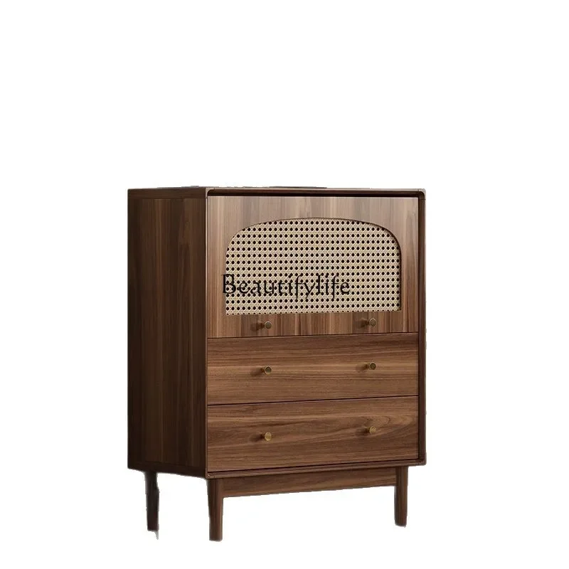 3Living Room Storage Small Cabinet Retro Rattan Woven Solid Wood Wall-Mounted Storage Cabinet