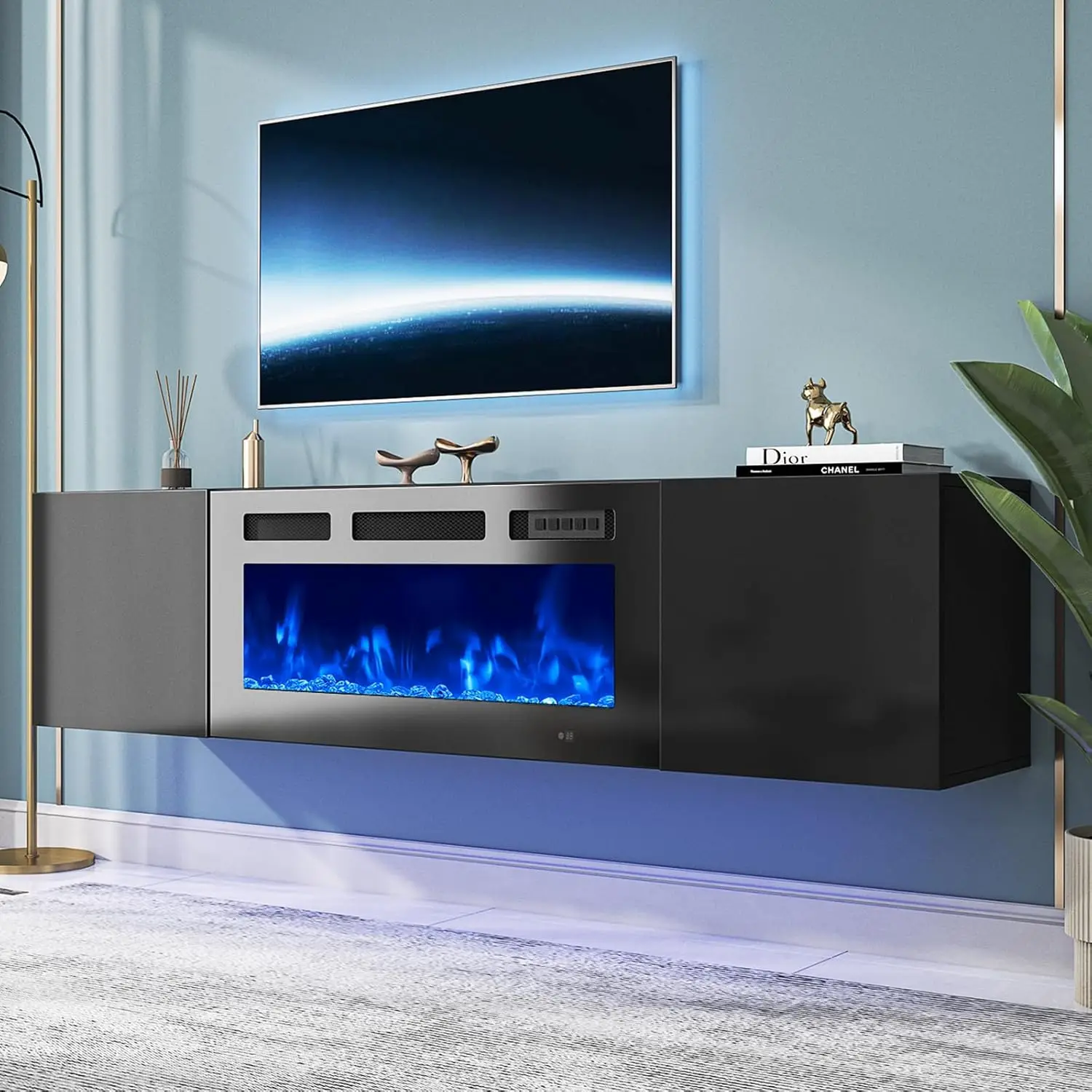 Floating TV stand with 36-inch electric fireplace, 70-inch TV console with fireplace, floating TV stand/TV cabinet