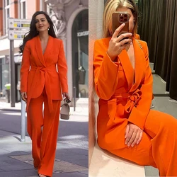 Shawl Lapel 2 Pieces Woman Suits Fashion Elegant Party Jacket With Belt Wide Leg Pant Female Daily Office Lady Sets