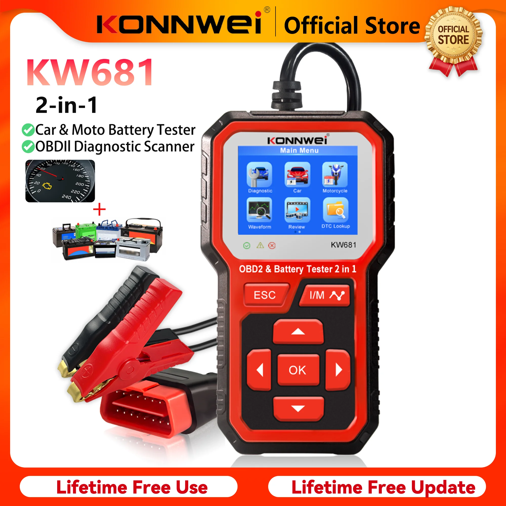 Escáner OBD2 2 en 1 para Auto/Moto KONNWEI KW681 2026 y Probador de Batería 6V/12V, Herramienta de Diagnóstico Automotriz, Funciones de Eliminación de Fallas y Consulta de DTC