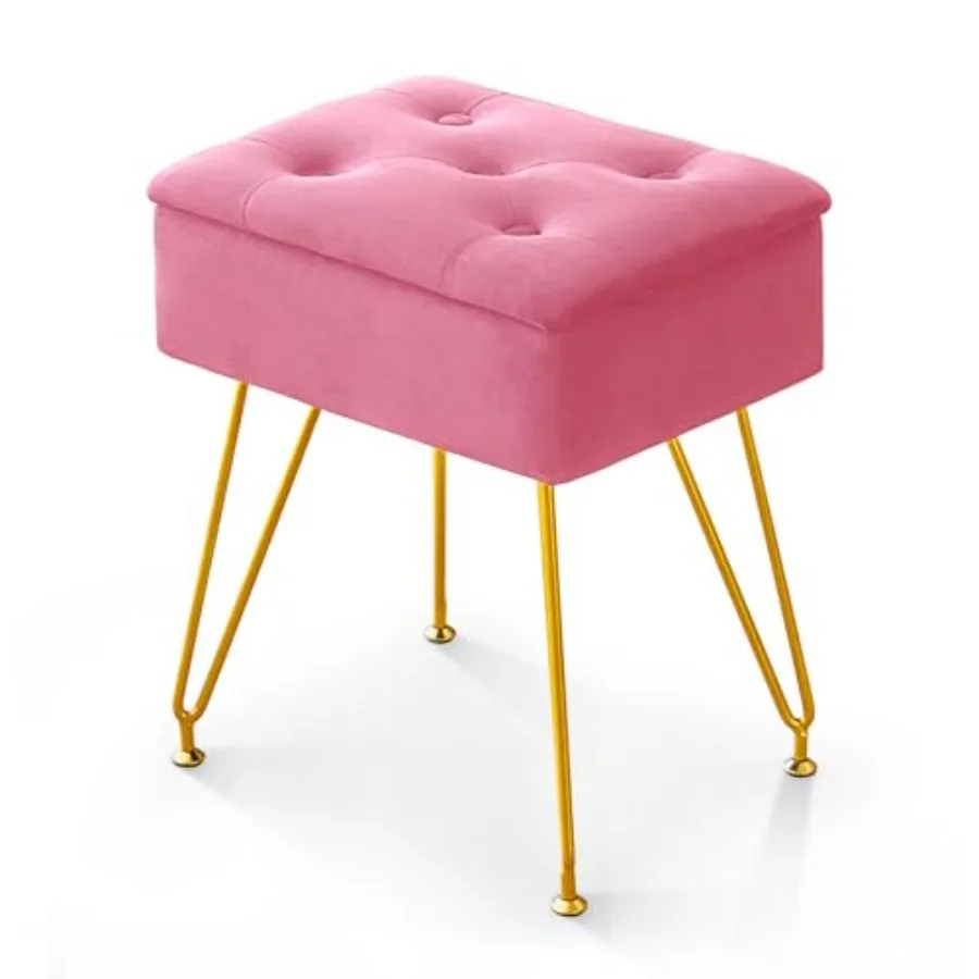 

Vanity Stool with Storage Velvet Makeup Stool with Flip Top Square Ottoman Chair with Metal Legs and Adjustable Feet for Bedroo