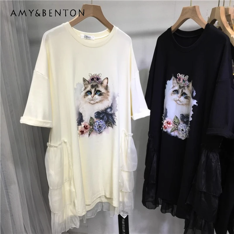 

Heavy Industry Beaded T-Shirt For Women's Kawaii Cute Cat Patchwork Ruffle Loose Mid-Length Short Sleeved Top 2025 Summer Tees