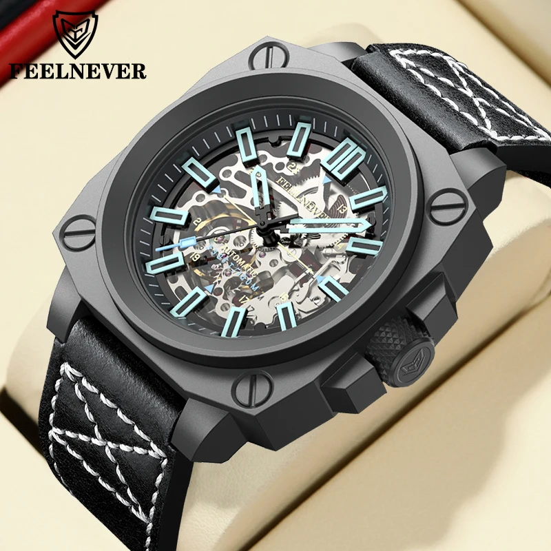 FeelNever Original Luxury Exquisite Mechanical Man Watch Fashion Business Skeleton Leather Waterproof Automatic Watches for Mens