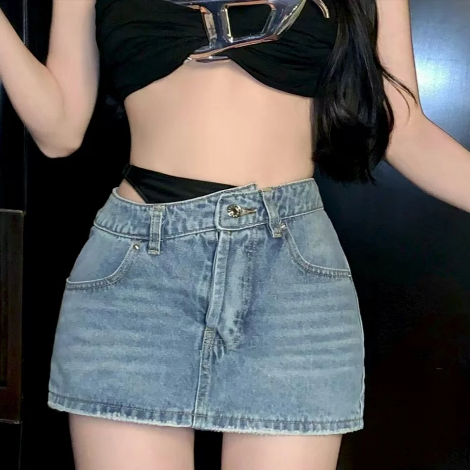 

Sexy Hot Girl Fake Two-Piece Y2K Retro Exposed Blue Denim Skirt Women American New Trend Fashion Hollow High Waist Skirts