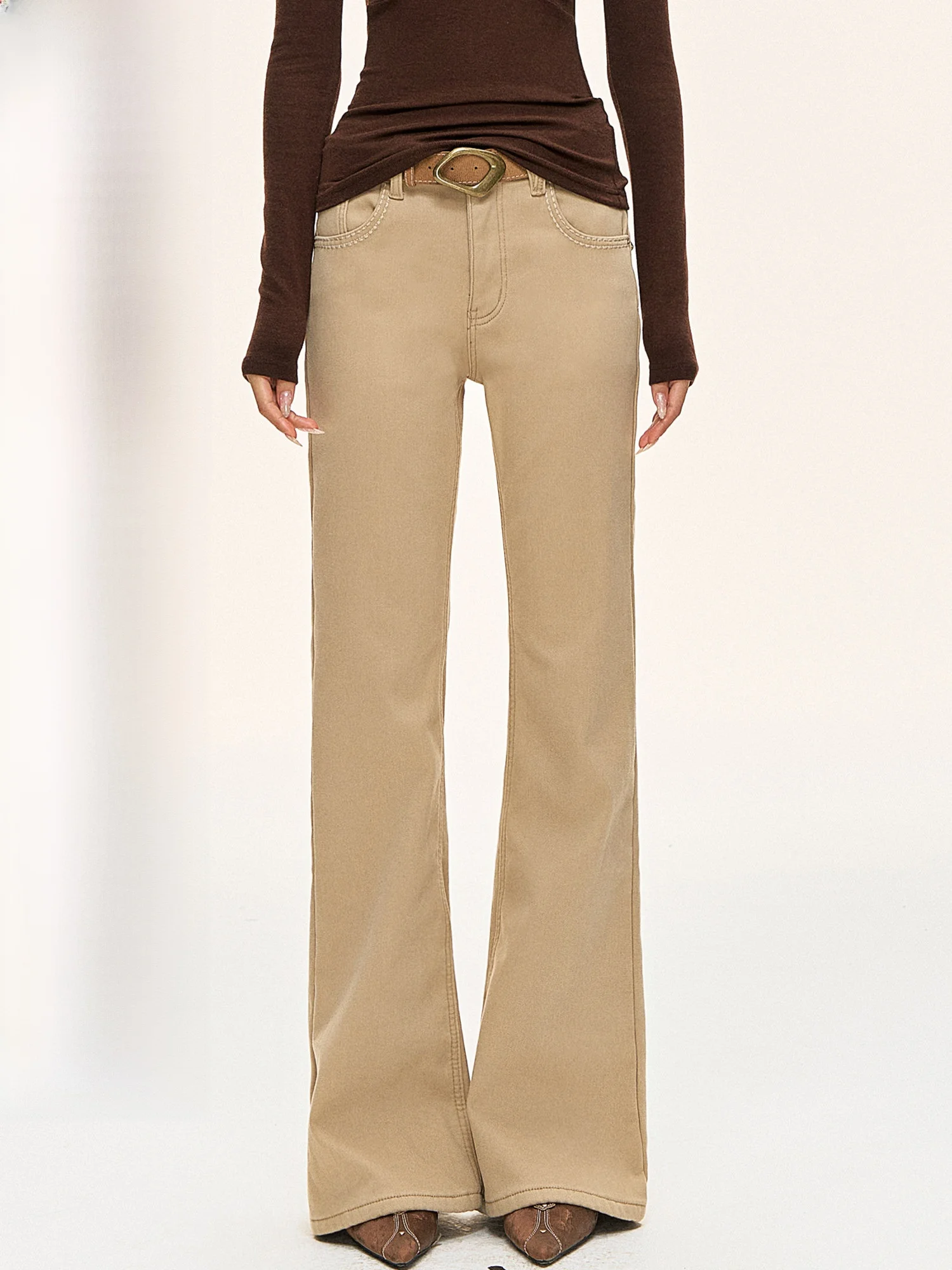 

0PASSION High Waist Fce Lined Flared Jeans Women's Autumn Winter Khaki Color Pants Slimming Effect Retro Sle