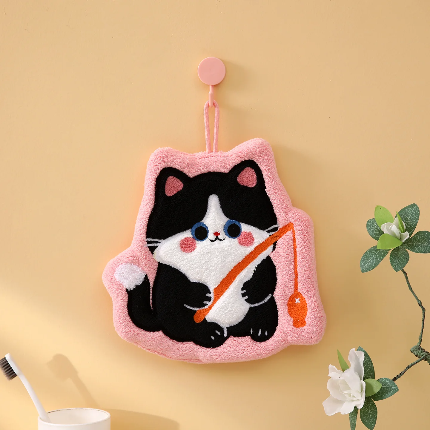 Cute Cartoon Animal Hanging Hand Towel Cat Rabbit Soft Coral Fleece Kitchen Towels Absorbent Cartoon Washcloth Kids Gift