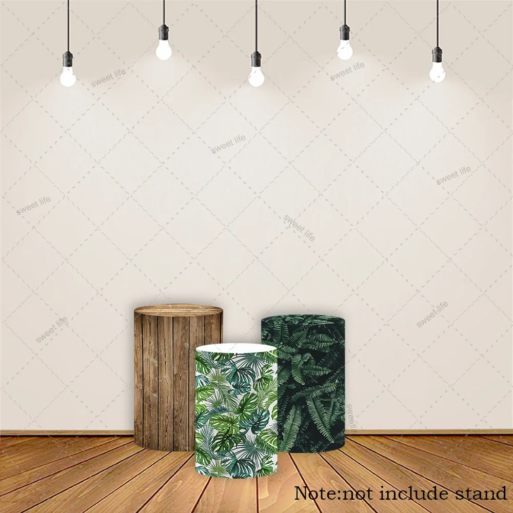 

Jungle Plant Cylinder Covers Birthday Green Leaves Wooden Pedestal Stand Covers Kids Baby Shower Party Decors