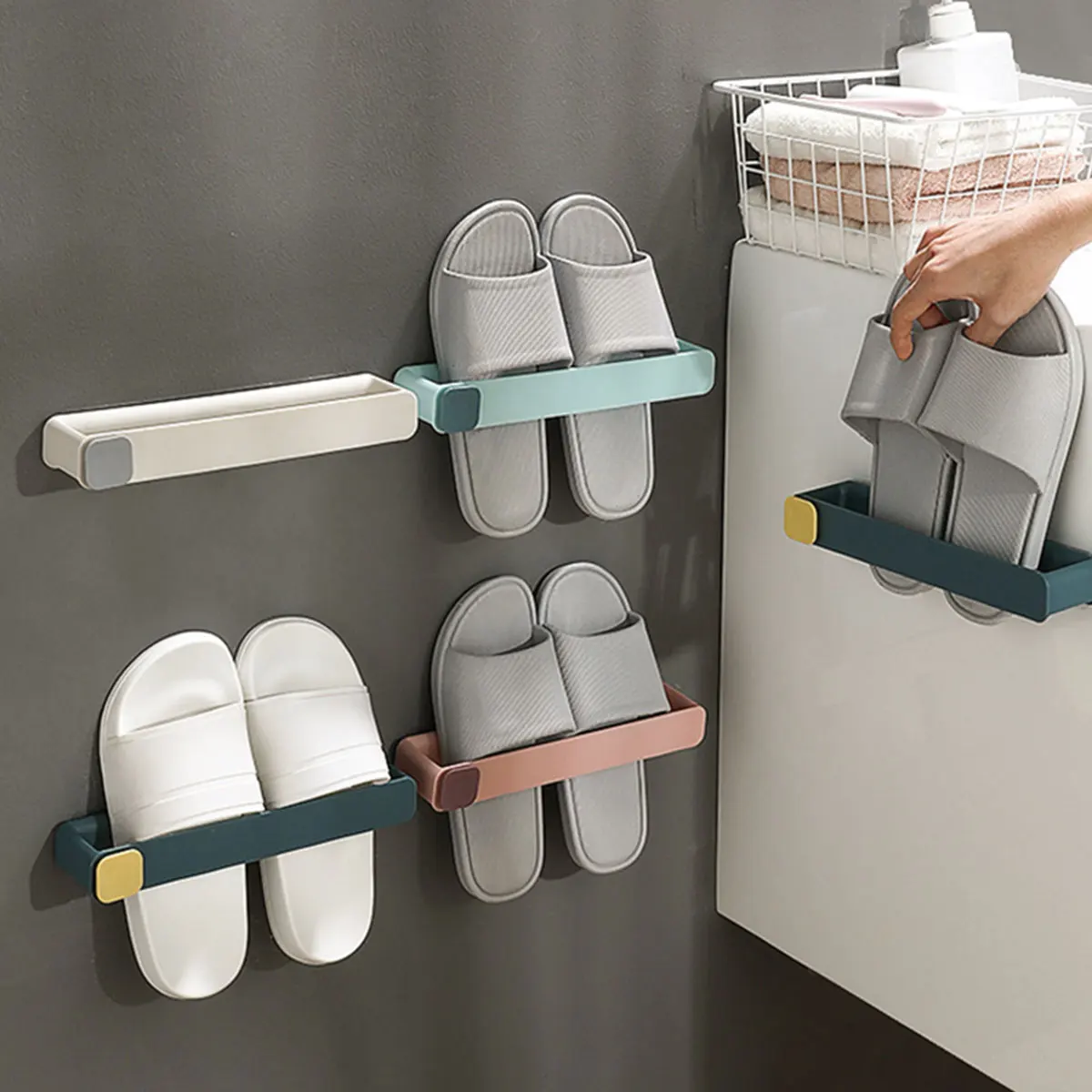 

Bathroom Slippers Rack Self Adhesive Punch-free Wall-towel Mounted With Hook Home Space-saving Toilet Door Wall Storage Shelf