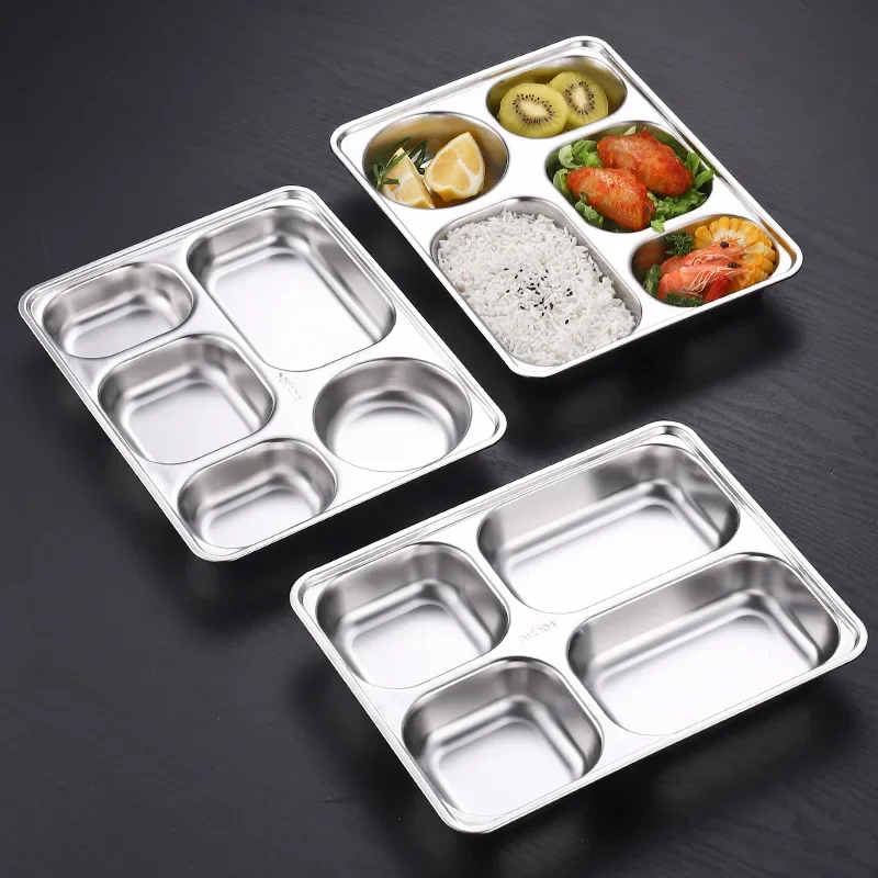 304 Stainless Steel Dinner Plate for School Canteen Compartment Fast Food Tray with Lid Divided lunch box Kitchen Tableware