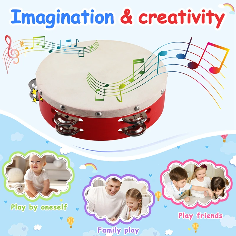 8In Hand Held Tambourine Drum Bell Metal Jingles Percussion Musical Toy For KTV Party Kids Games